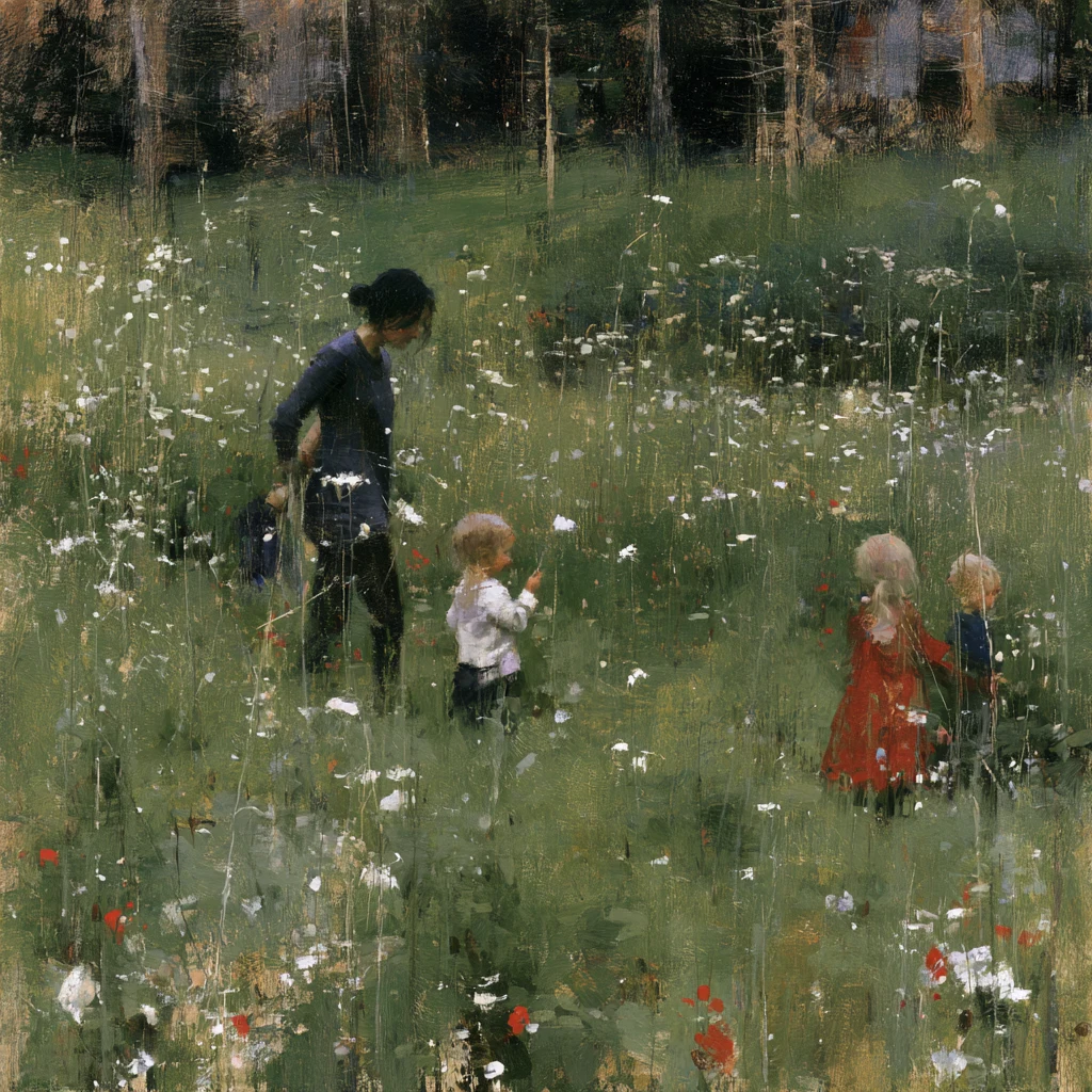 A painterly scene of a mother and her three young children walking through a meadow of tall grass and white wildflowers
